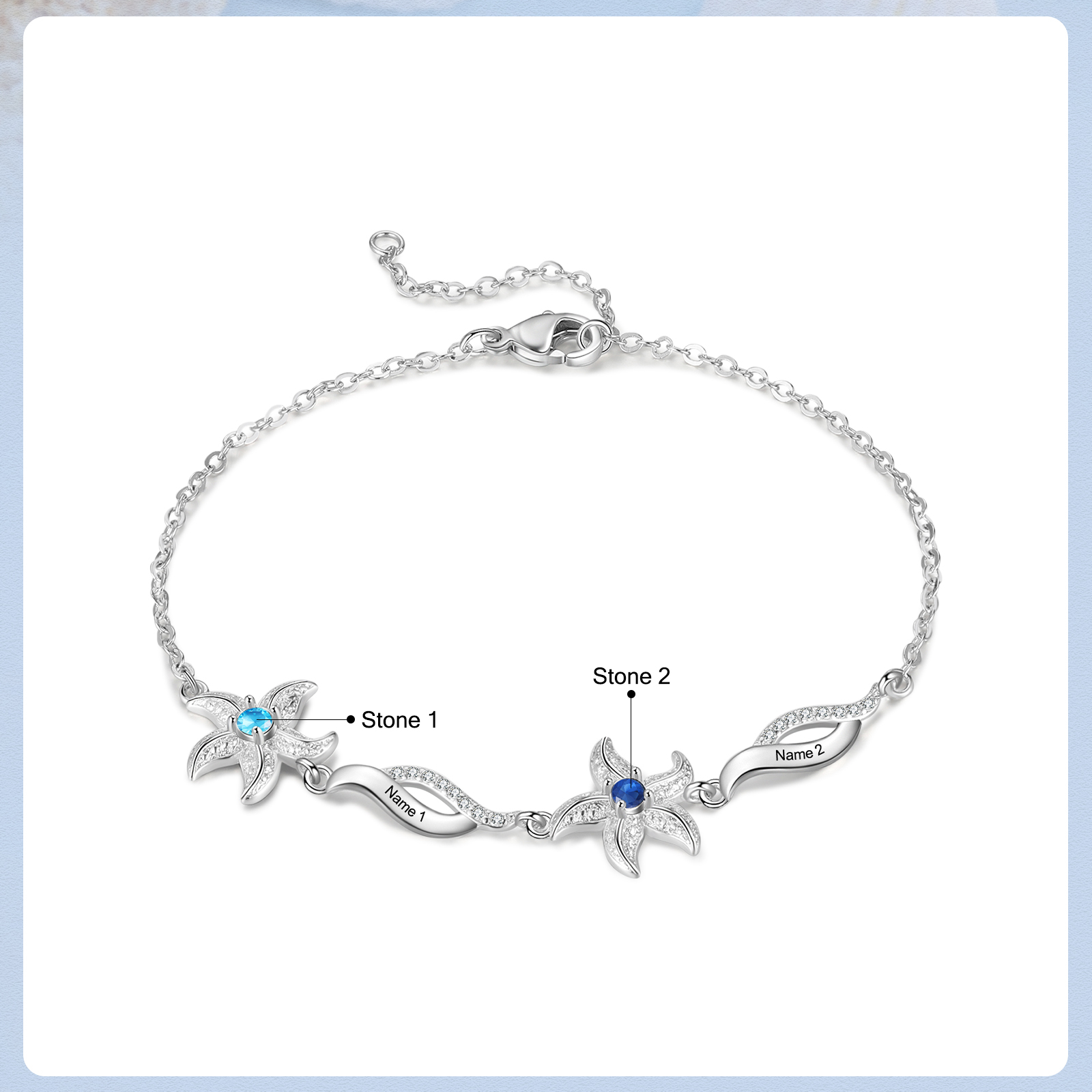 Pulsera con dije de estrella de mar para mujer personalizada con 2 nombres y 2 piedras de nacimiento-Jessemade ES