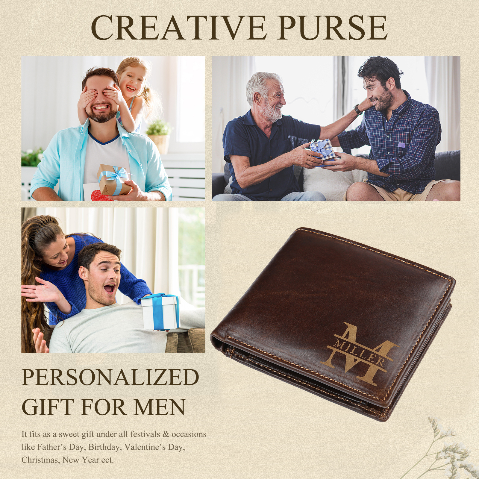 Kit de regalo-Llavero, cartera y bolígrafo con 2 nombres y 2 letras personalizados con 2 textos para hombre-Jessemade ES