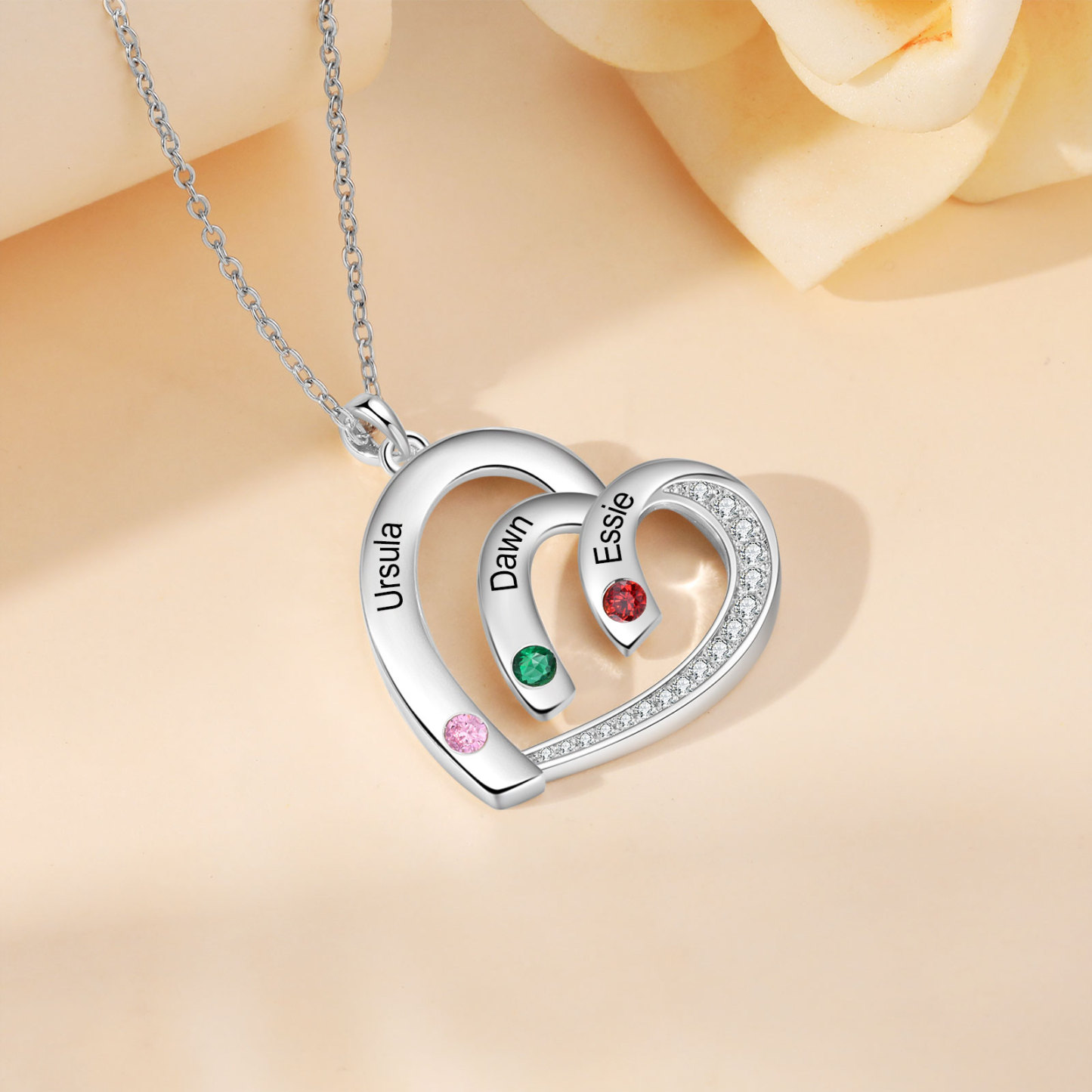 Collar en corazón con 2-5 nombres personalizados y 2-5 piedras de nacimiento-Jessemade ES