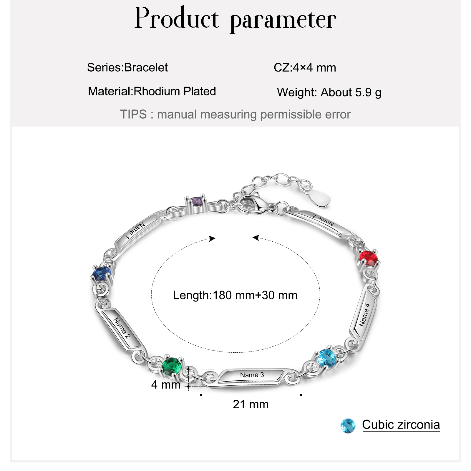 Pulsera de lazos y placitas personalizada de 5 nombres con 5 piedras de nacimiento-Jessemade ES