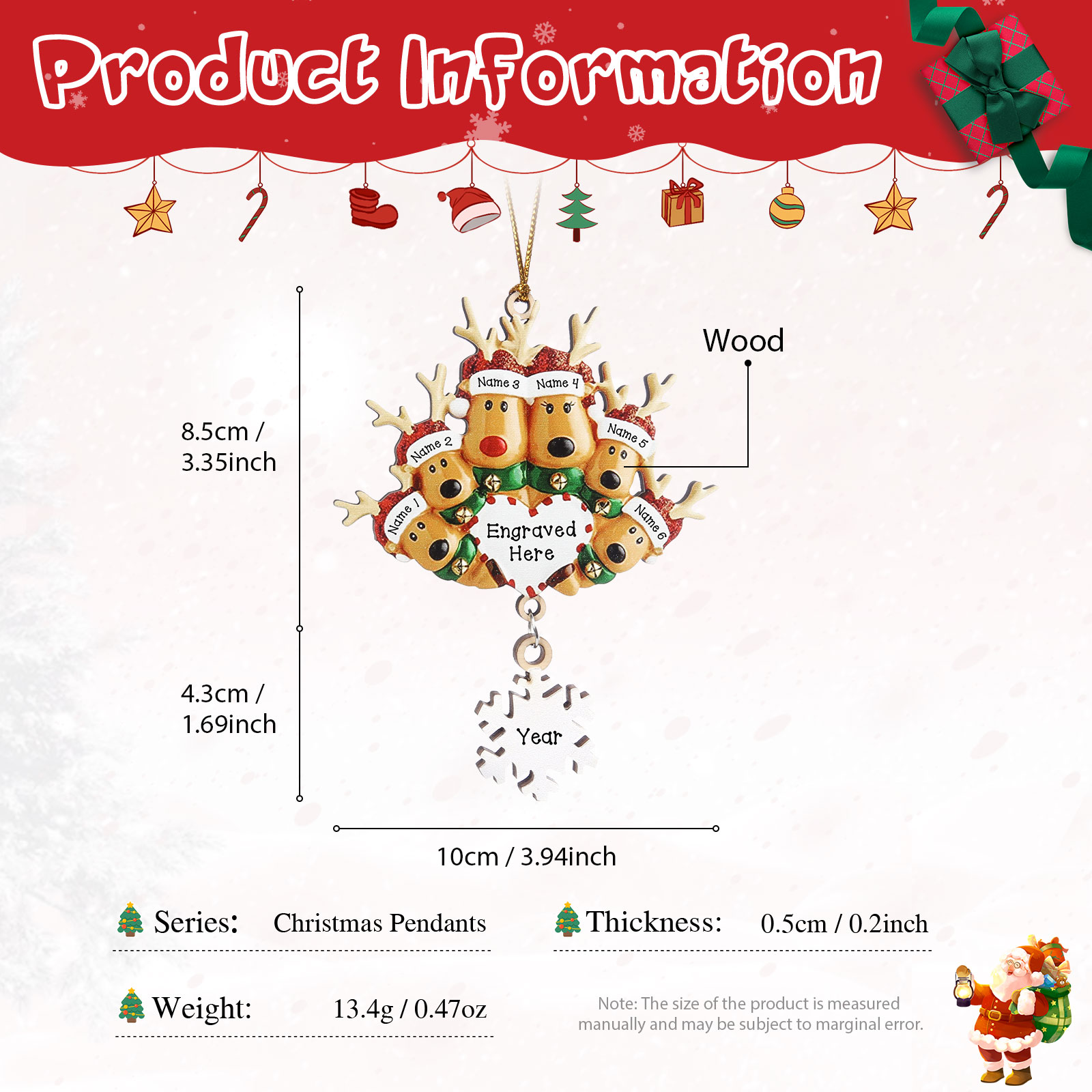 Navidad-Ornamentos Navideños de Madera Renos 6 Nombres con Texto y Año Personalizados