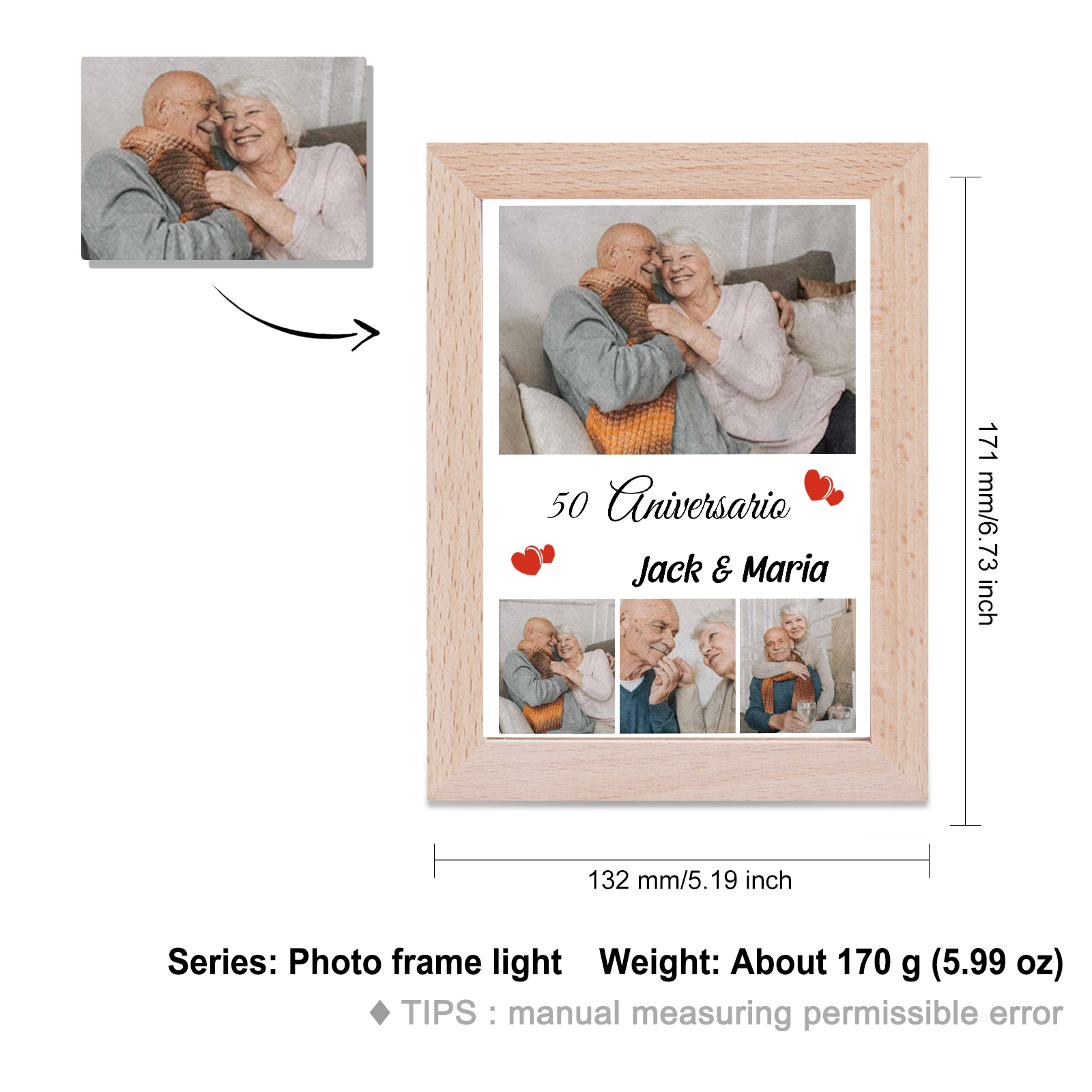 Marco con lámpara aniversario de 4 fotos de madera para pareja 2 nombres y número personalizados-Jessemade ES