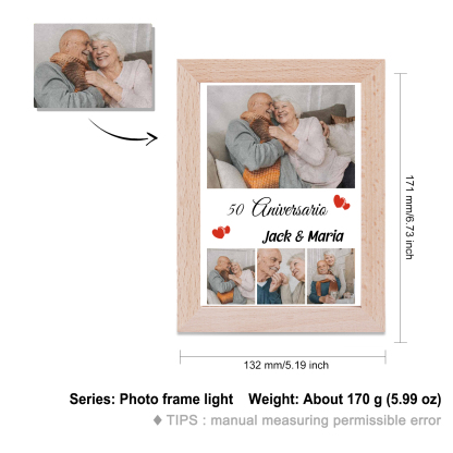 Marco con lámpara aniversario de 4 fotos de madera para pareja 2 nombres y número personalizados-Jessemade ES