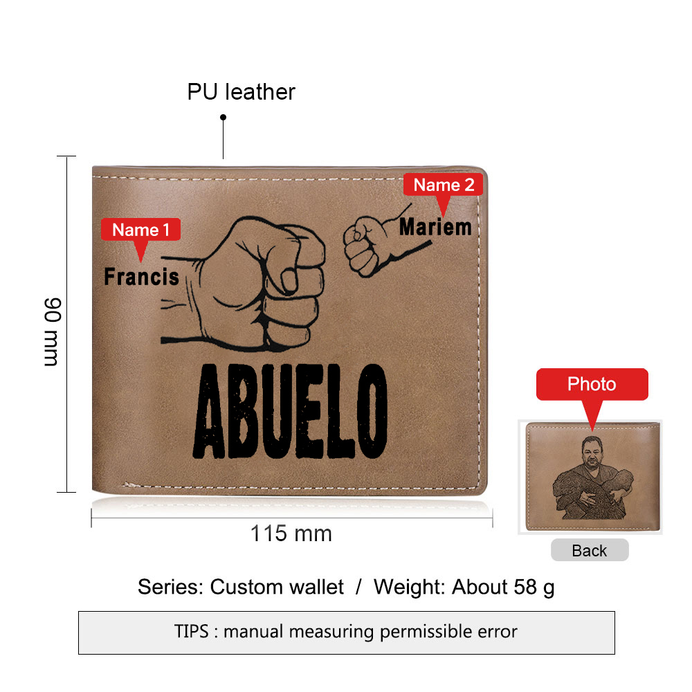 Cartera, billetera clásica puño con puño 2 nombres personalizados y una foto para abuelo-Jessemade ES