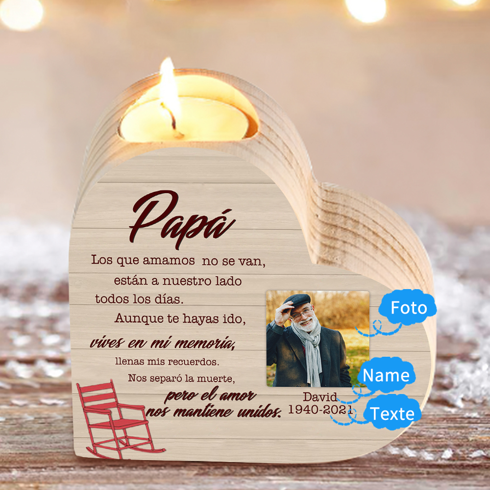 Candelero de corazón en memoria de papá personalizado con nombre, foto y texto de madera sin vela-Jessemade ES