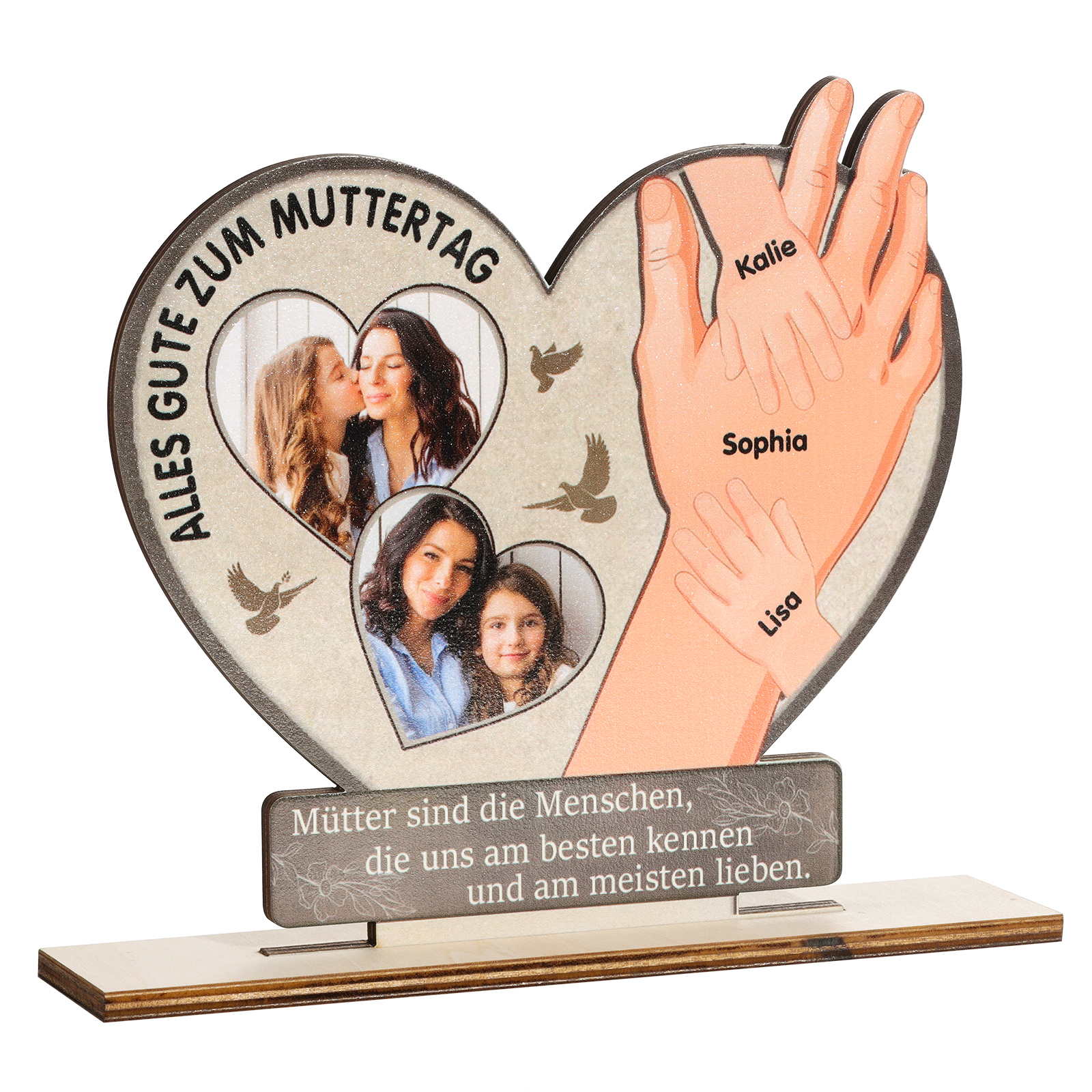 Adorno de madera en forma de corazón para madre e hij@s con 2 fotos, 3 nombres y 2 textos-Jessemade ES