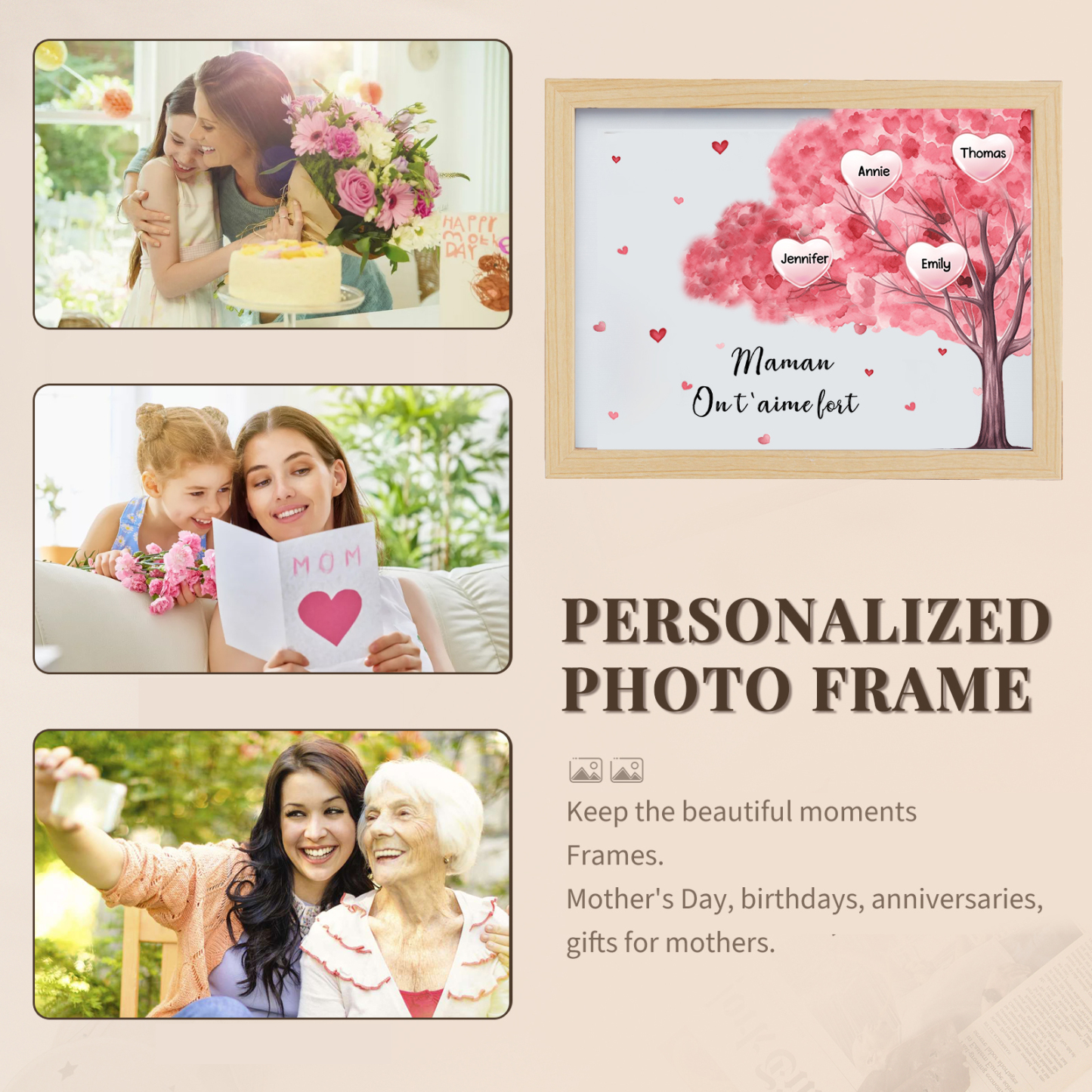 Marco con LED Árbol de la Vida 1-10 Nombres Personalizados con 1 Texto-Jessemade ES