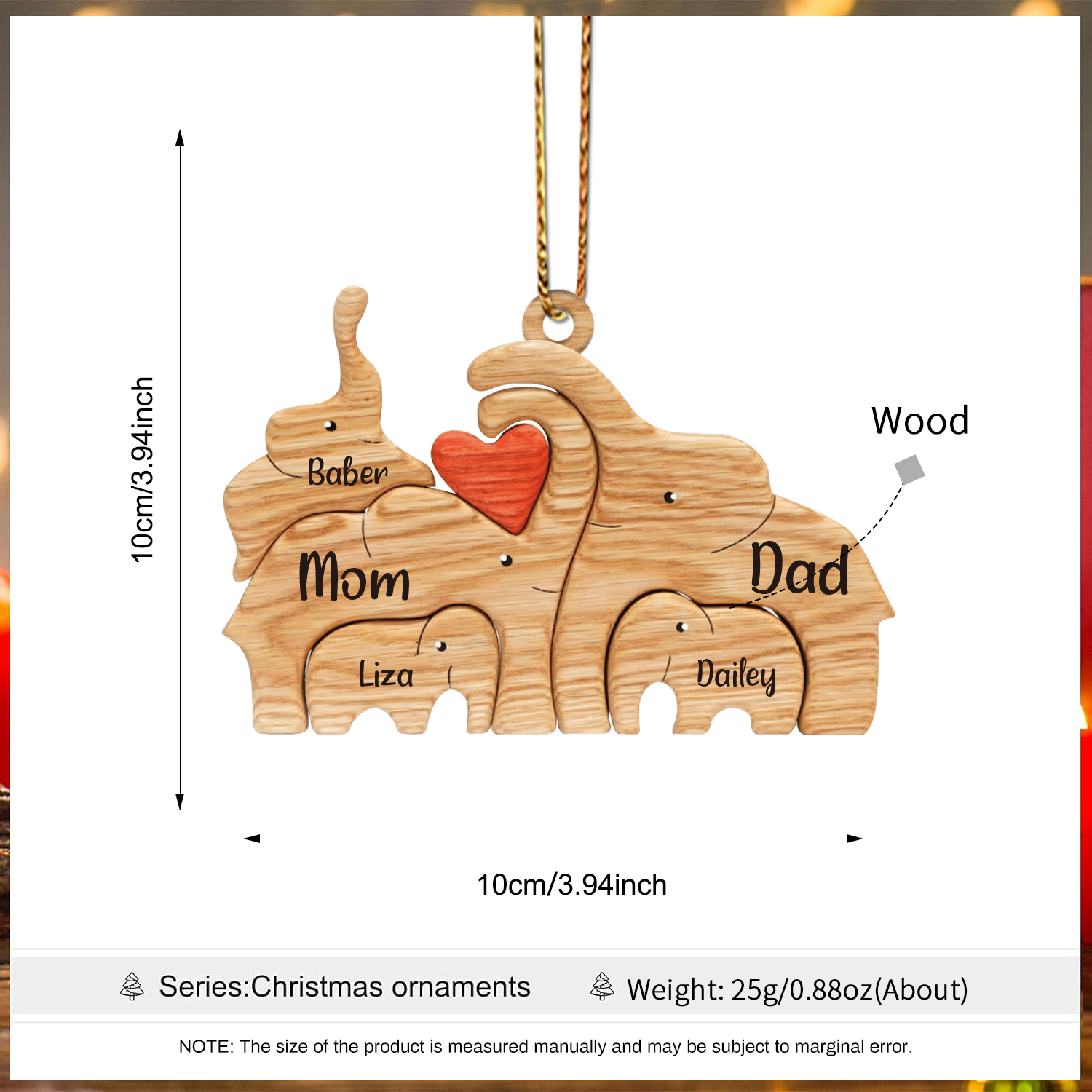 Navidad-Ornamento muñecos navideño de madera familia de elefantes 5 nombres personalizados adorno del árbol-Jessemade ES