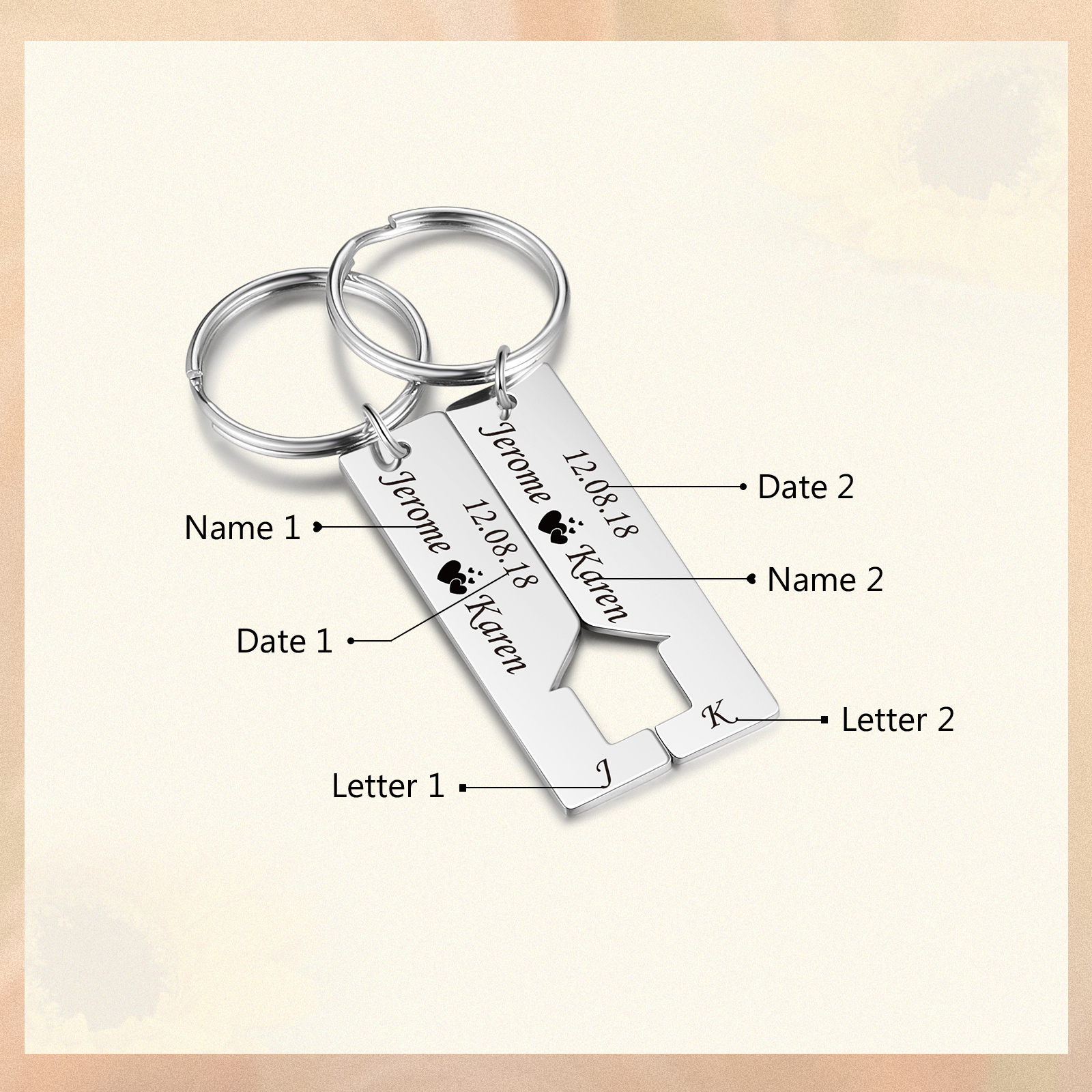 A mi querido-Llavero con casa encajada para pareja 2 nombres, 2 letras personalizadas con fecha-Jessemade ES