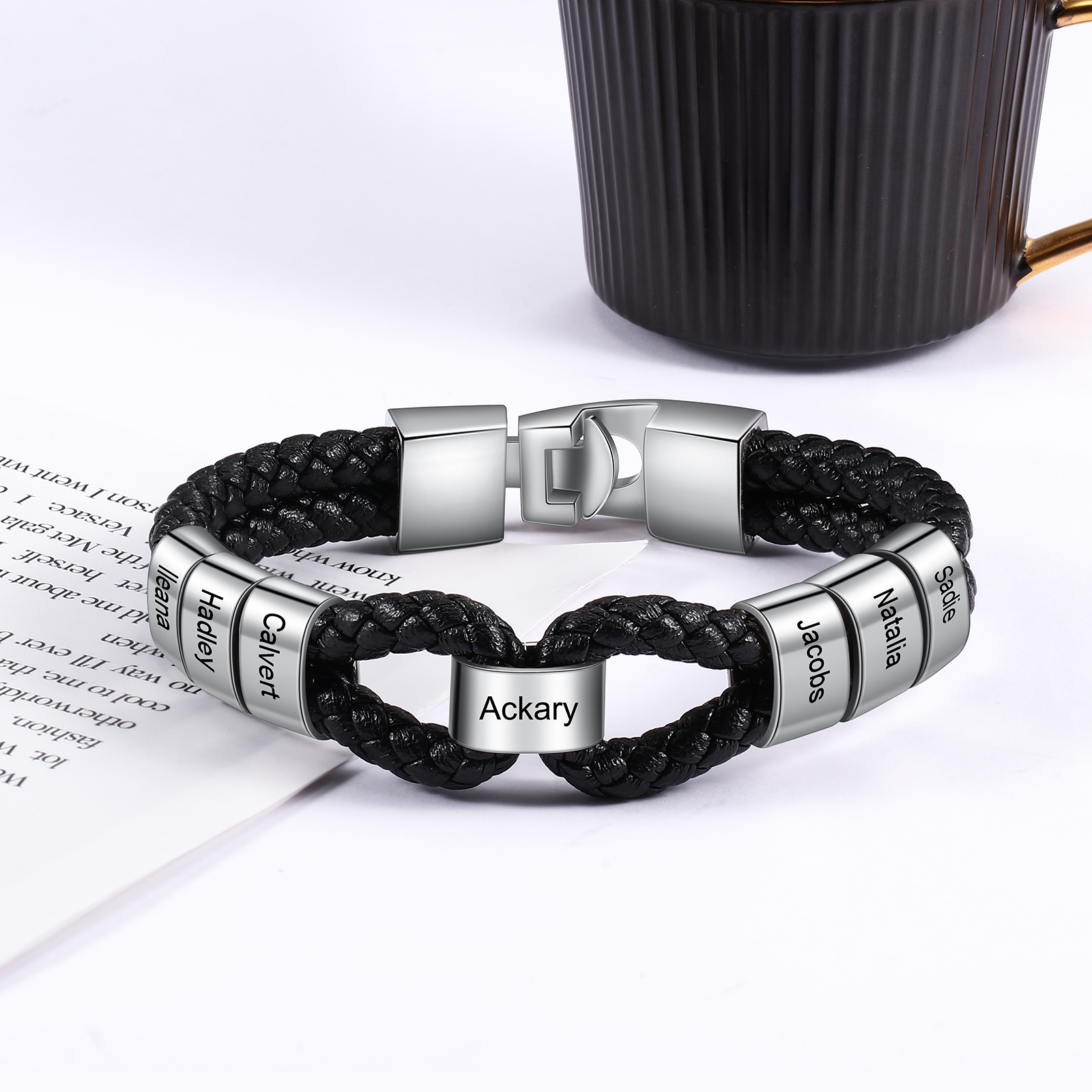 Pulsera 1-7 Nombres Personalizados de Cuero Trenzado con Aros-Jessemade ES