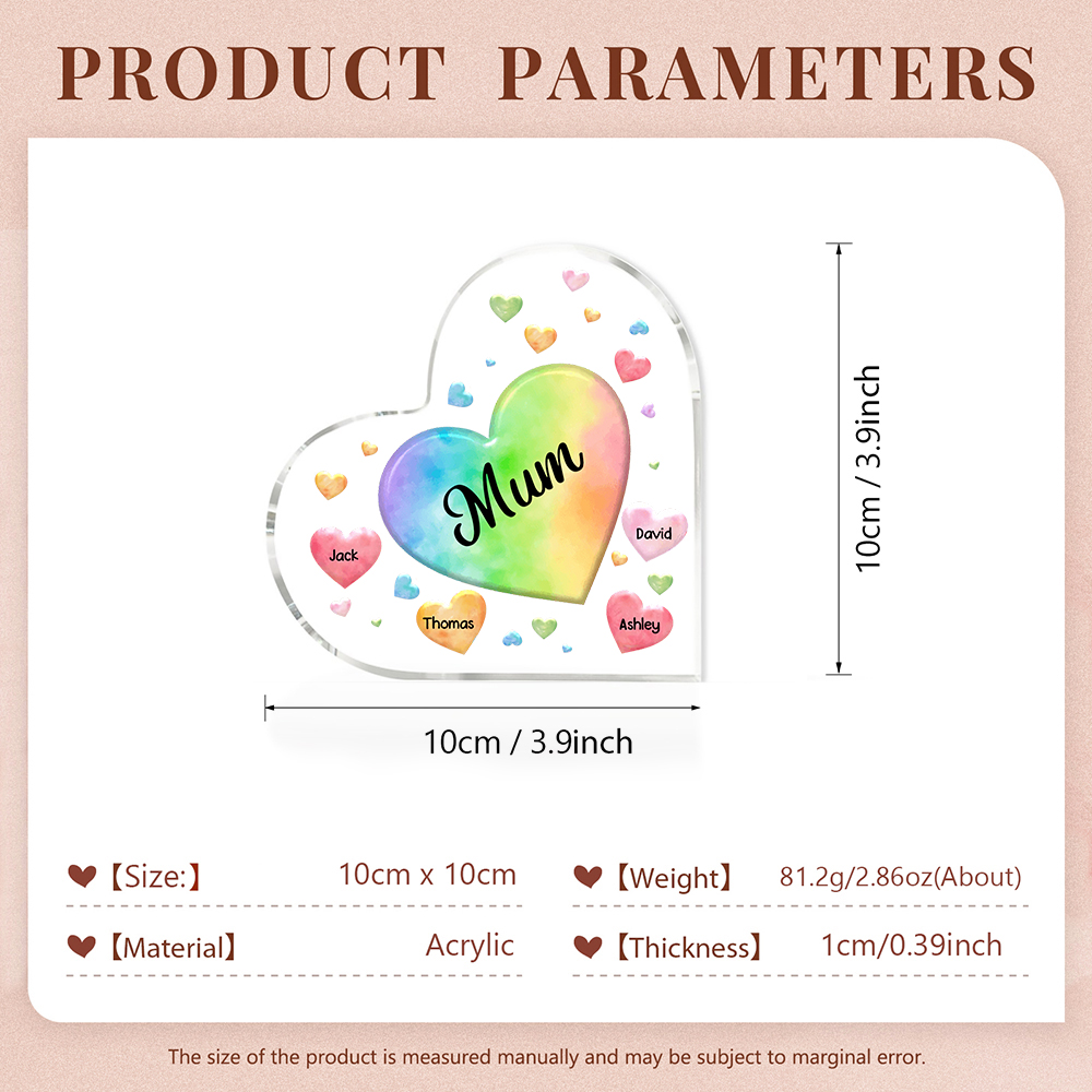 A mi mamá/abuela-Placa de acrílico "Corazones" en forma de corazón 4 nombres y 1 texto personalizados-Jessemade ES