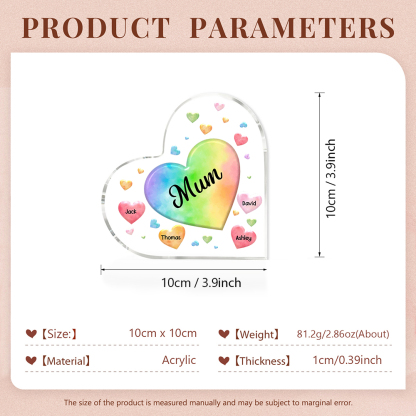 A mi mamá/abuela-Placa de acrílico "Corazones" en forma de corazón 4 nombres y 1 texto personalizados-Jessemade ES