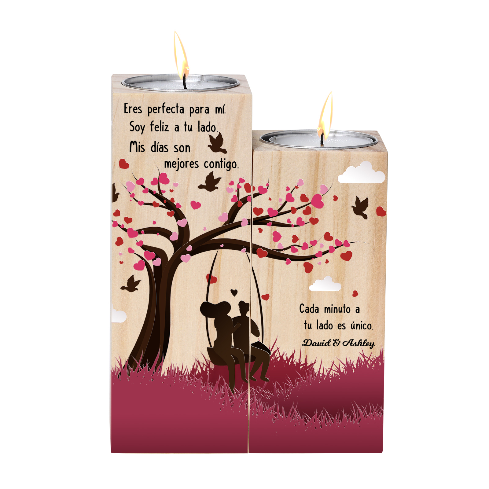 Candelero de siluetas de pareja de madera de dos piezas sin candela con 1 texto personalizado-Jessemade ES