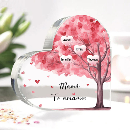 A mi mamá/abuela-Placa de acrílico "Árbol" en forma de corazón 4 nombres y 1 texto personalizados-Jessemade ES