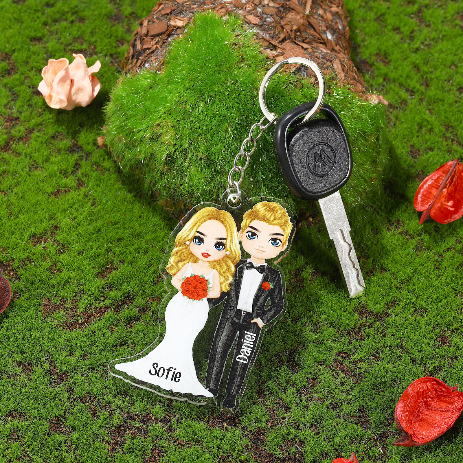 Llavero de acrílico con muñecos de pareja en boda 2 nombres personalizados-Jessemade ES