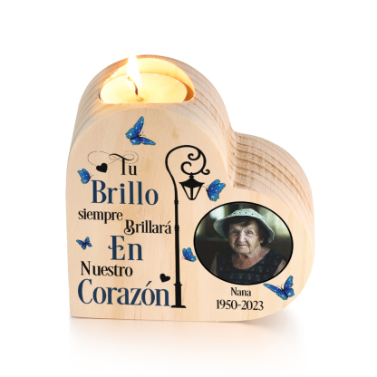 Candelero de corazón en memoria de ser querido de madera foto, nombre y año personalizados sin vela