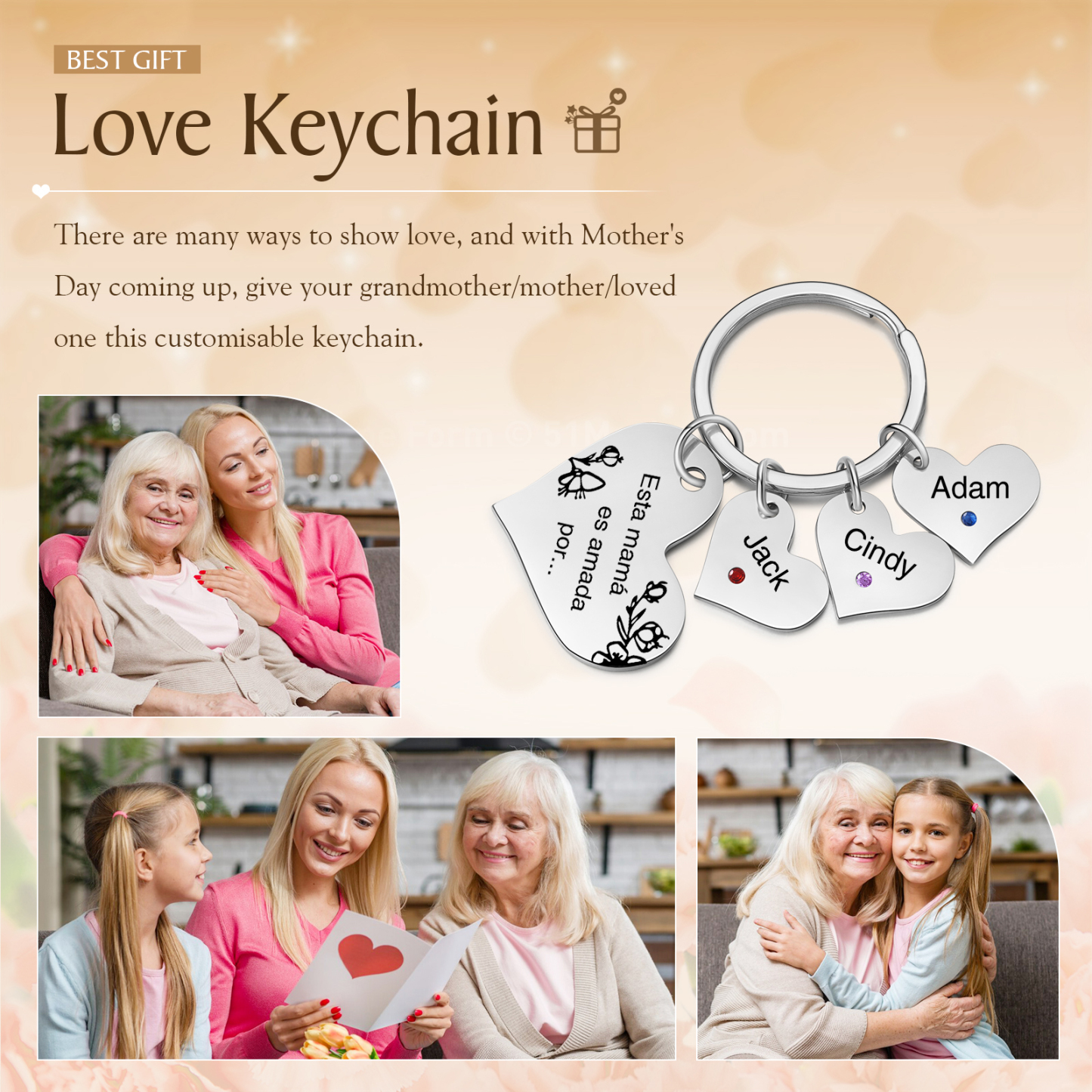 A mi mamá/abuela - Llavero con 3 nombres y piedras de nacimiento personalizados en corazones con texto-Jessemade ES