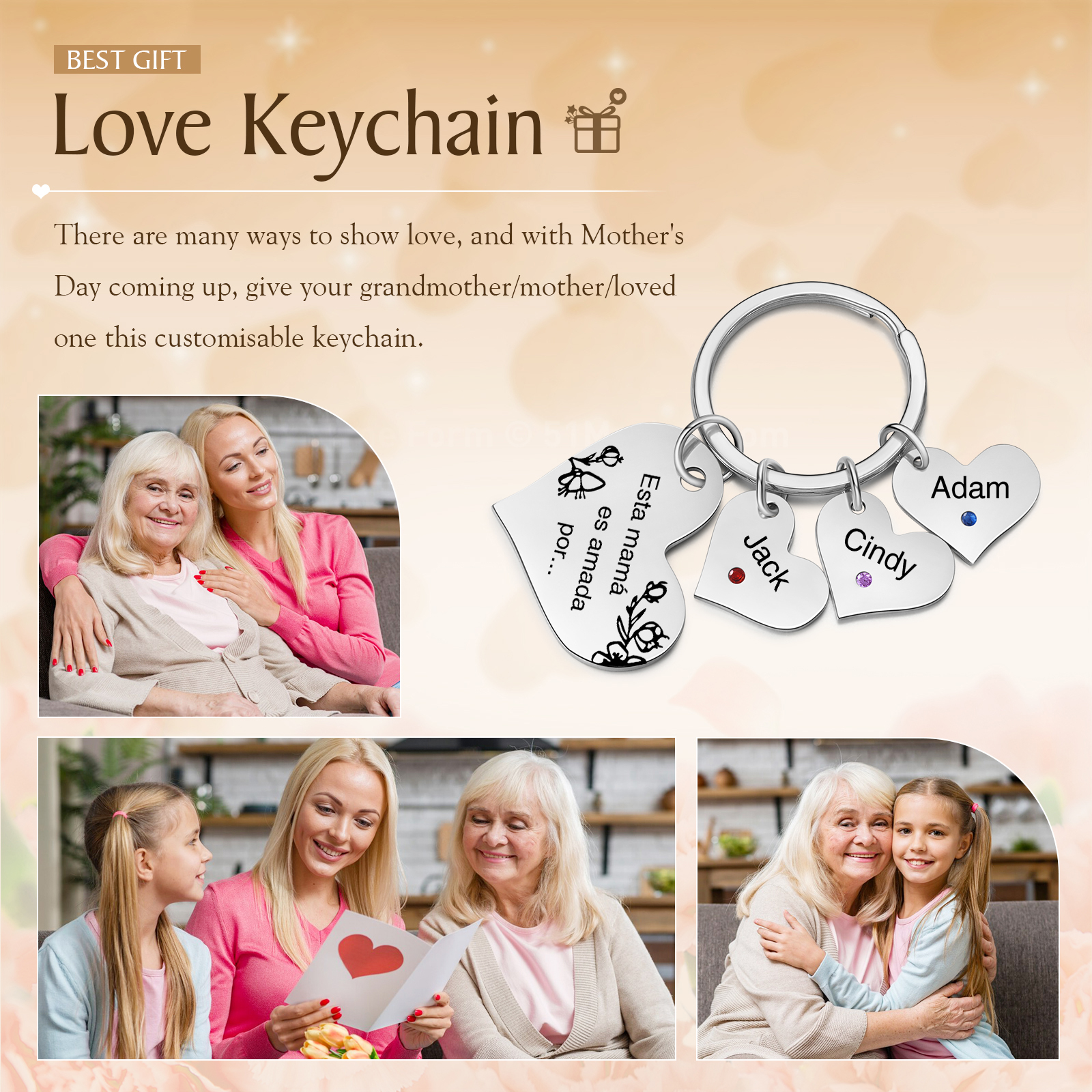 A mi mamá/abuela - Llavero con 3 nombres y piedras de nacimiento personalizados en corazones con texto-Jessemade ES