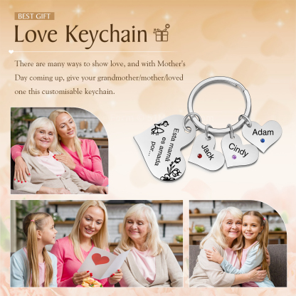 A mi mamá/abuela - Llavero con 3 nombres y piedras de nacimiento personalizados en corazones con texto-Jessemade ES
