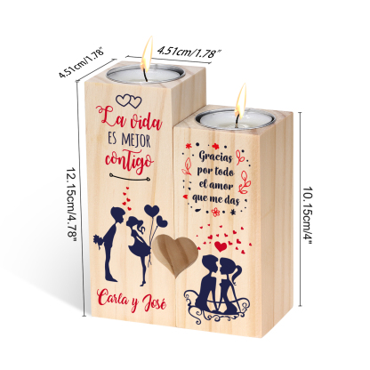 Candelero para pareja de madera de dos piezas sin candela con texto personalizado-Jessemade ES