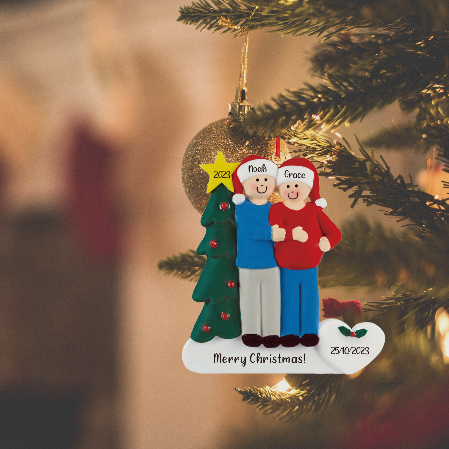 Navidad-Muñecos Ornamentos Navideños de Pareja 2 Nombres, Año, Fecha y Texto Personalizados Adorno de Madera-Jessemade ES