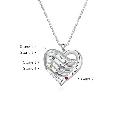 Collar de corazón de plata 925 con 5 nombres y piedras de nacimiento personalizados-Jessemade ES