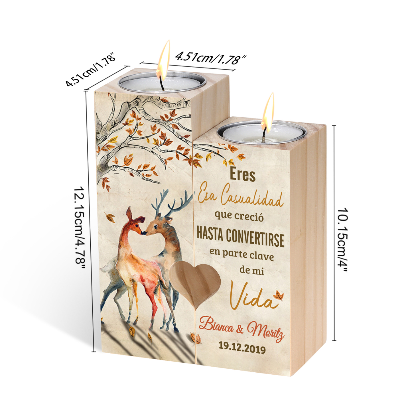 Candelero para pareja de madera de dos piezas sin candela con texto y fecha personalizados-Jessemade ES