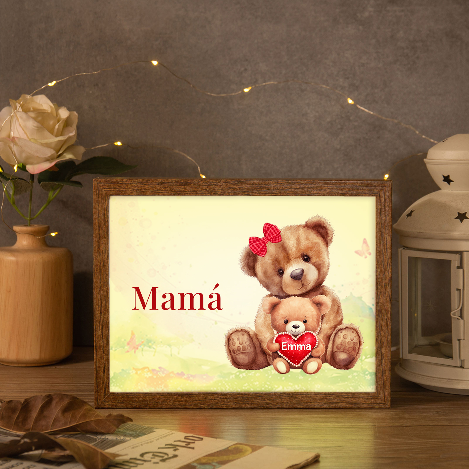 Marco con LED Familia de Osos 1-4 Nombres Personalizados con 1 Texto-Jessemade ES