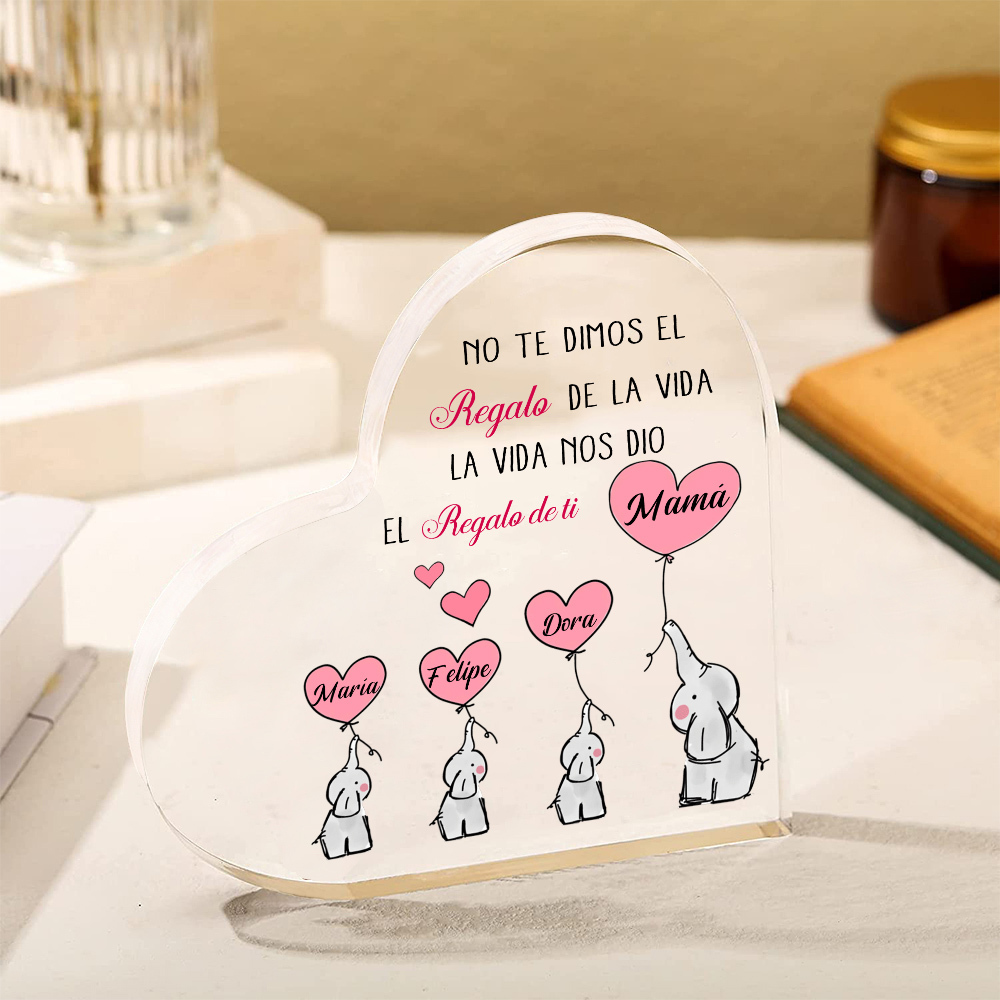 A mi mamá/abuela-Placa de acrílico en forma de corazón elefantes 2-5 nombres personalizados-Jessemade ES