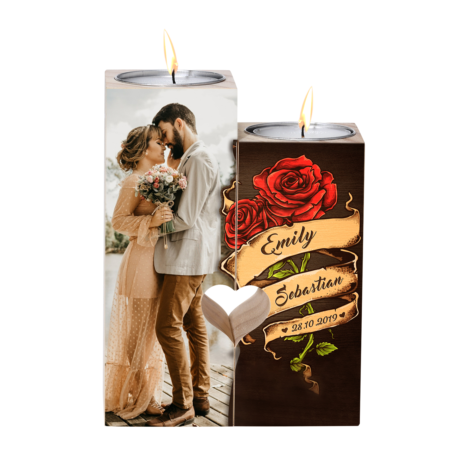 Candelero para pareja de madera de dos piezas sin candela con 2 nombres, fecha y foto personalizados-Jessemade ES