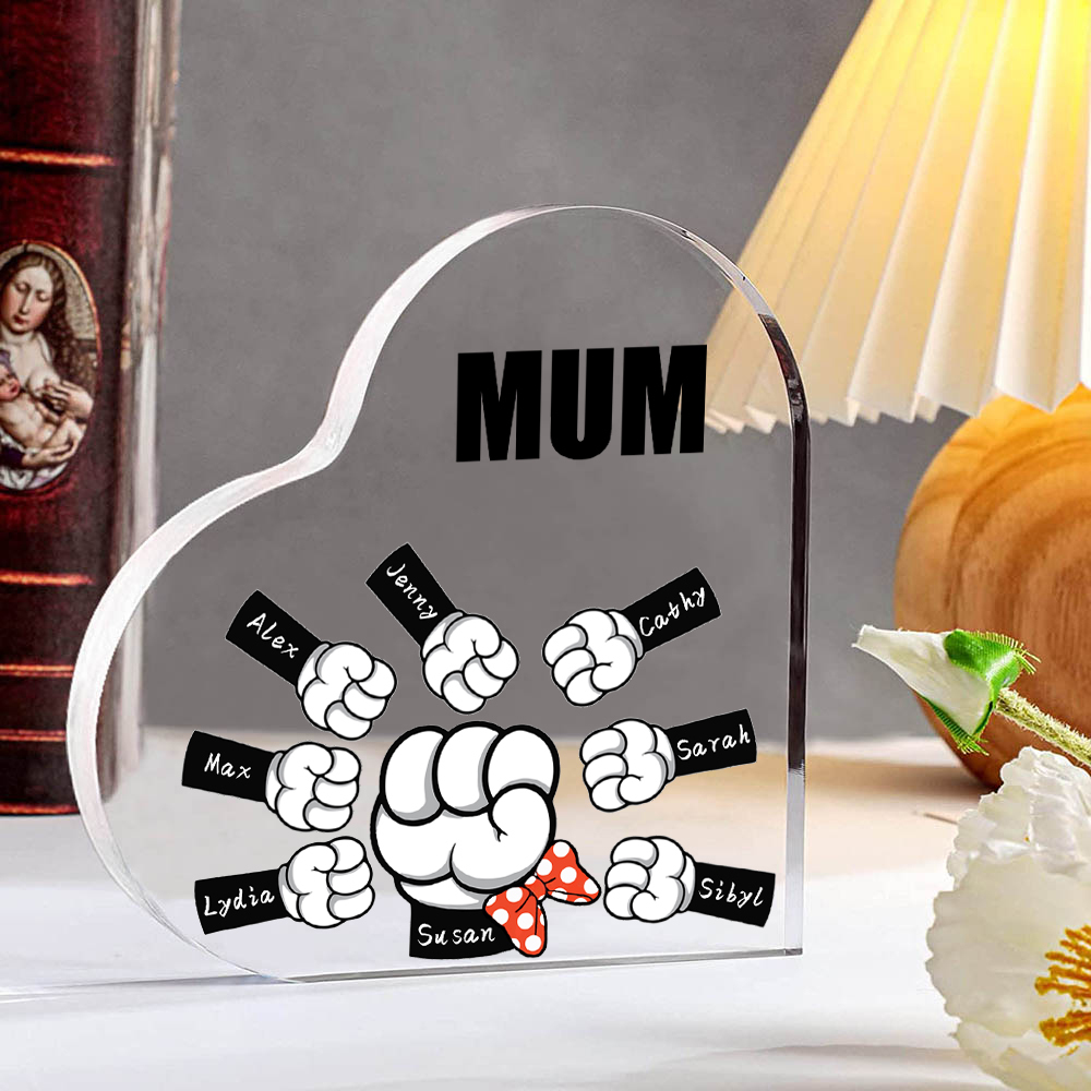 A mi mamá/abuela-Placa de acrílico "Puños" en forma de corazón 8 nombres y 1 texto personalizados-Jessemade ES