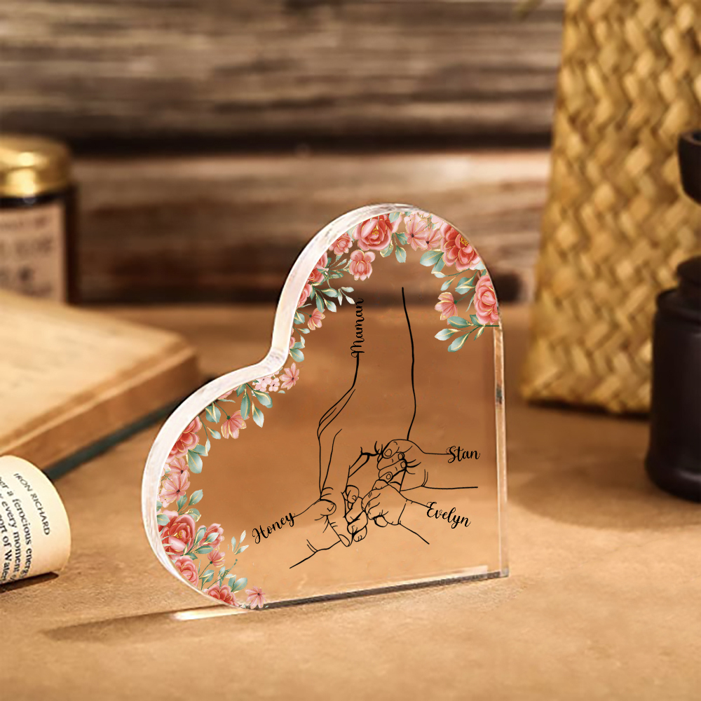 A mi mamá/abuela-Placa de acrílico en forma de corazón mano y manitas 2-6 nombres personalizados-Jessemade ES