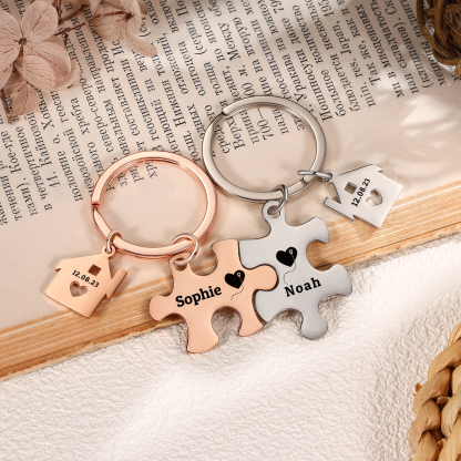 Llavero para pareja rompecabezas 2 nombres personalizados con fecha dije de casa-Jessemade ES