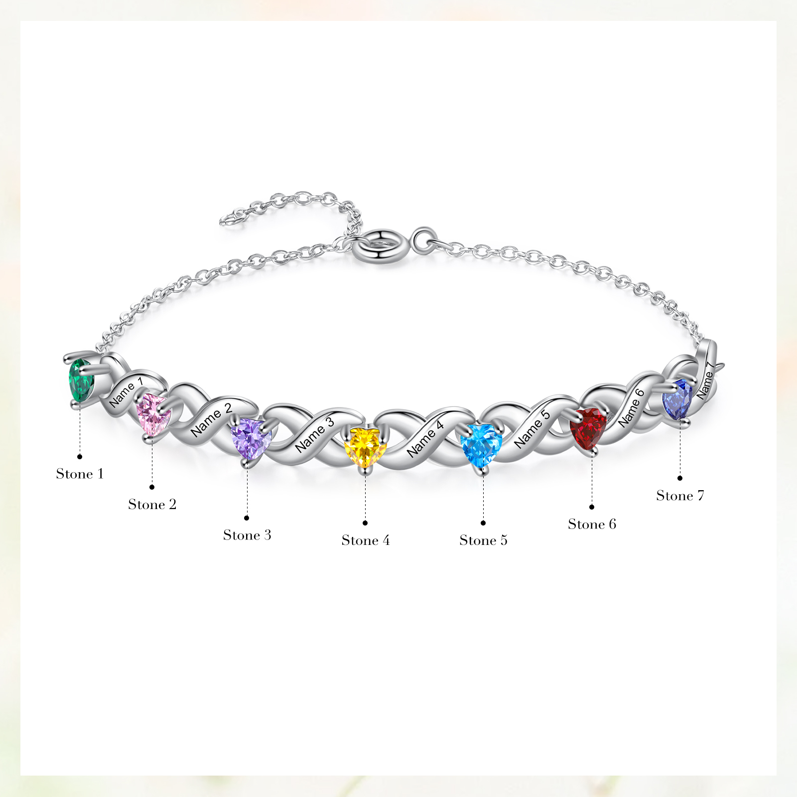 Pulsera infinito personalizada con 7 nombres y 7 piedras de nacimiento de corazón -Jessemade ES