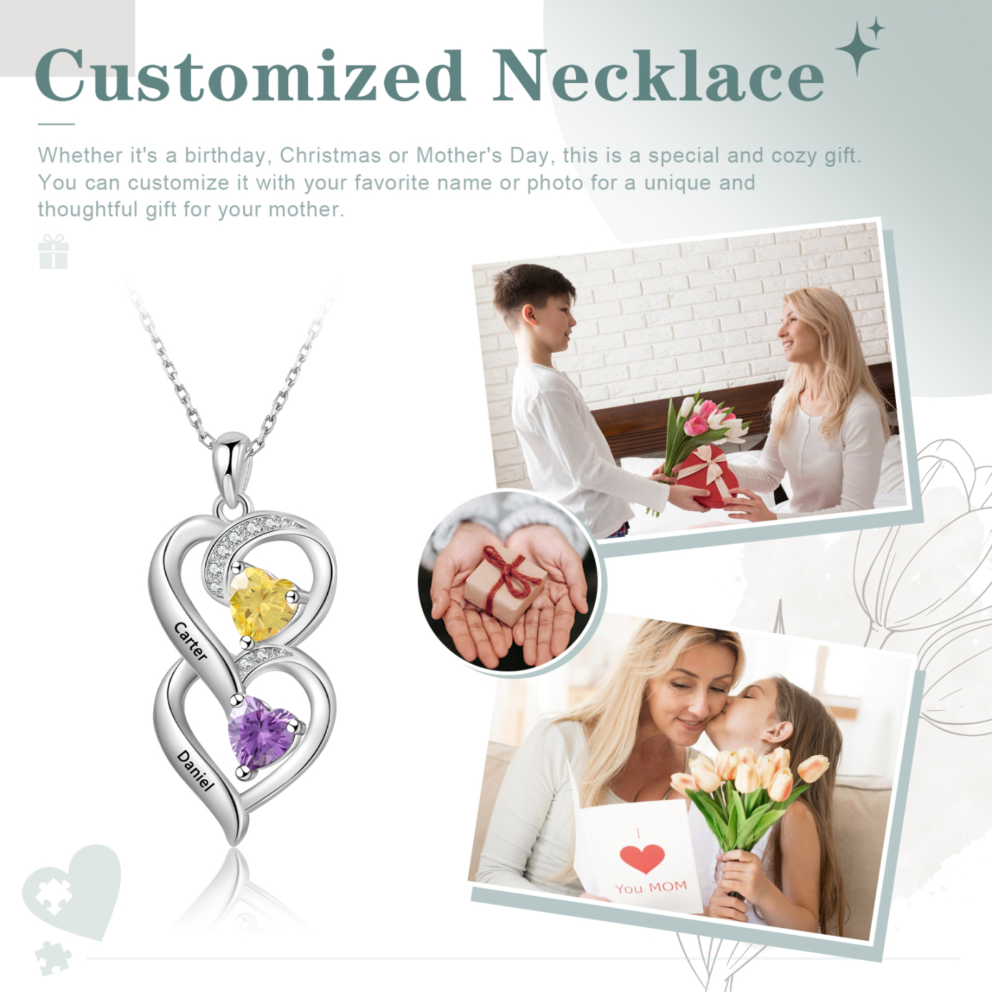 Collar de dos corazones con 2 nombres y piedras de nacimiento personalizados-Jessemade ES
