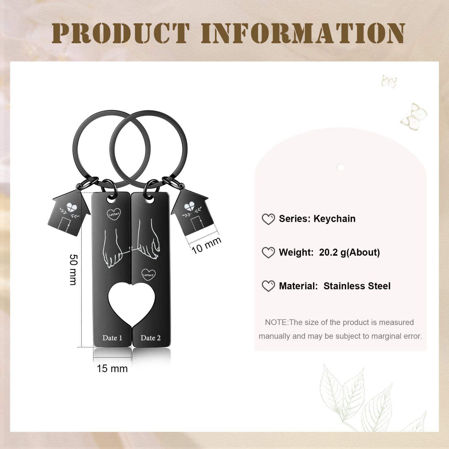 Llavero para pareja manos conectadas por hilo 2 letras personalizadas con fecha dije de casa-Jessemade ES
