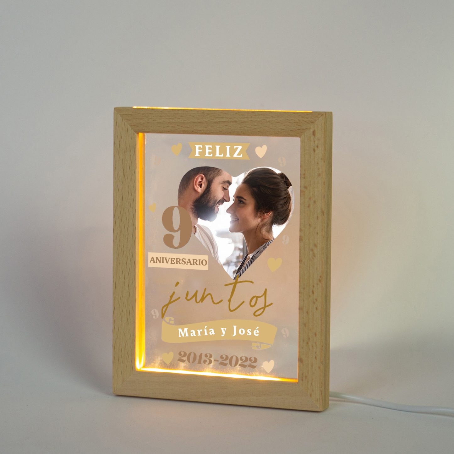 Marco con lámpara aniversario de 1 foto de madera para pareja 2 textos y número personalizados-Jessemade ES