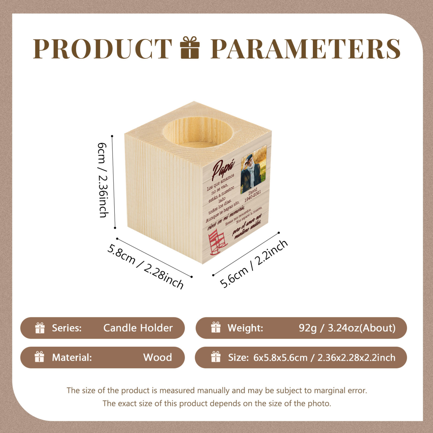 Papá-Candelero en memoria de ser querido personalizado con nombre, foto y años de madera sin vela-Jessemade ES
