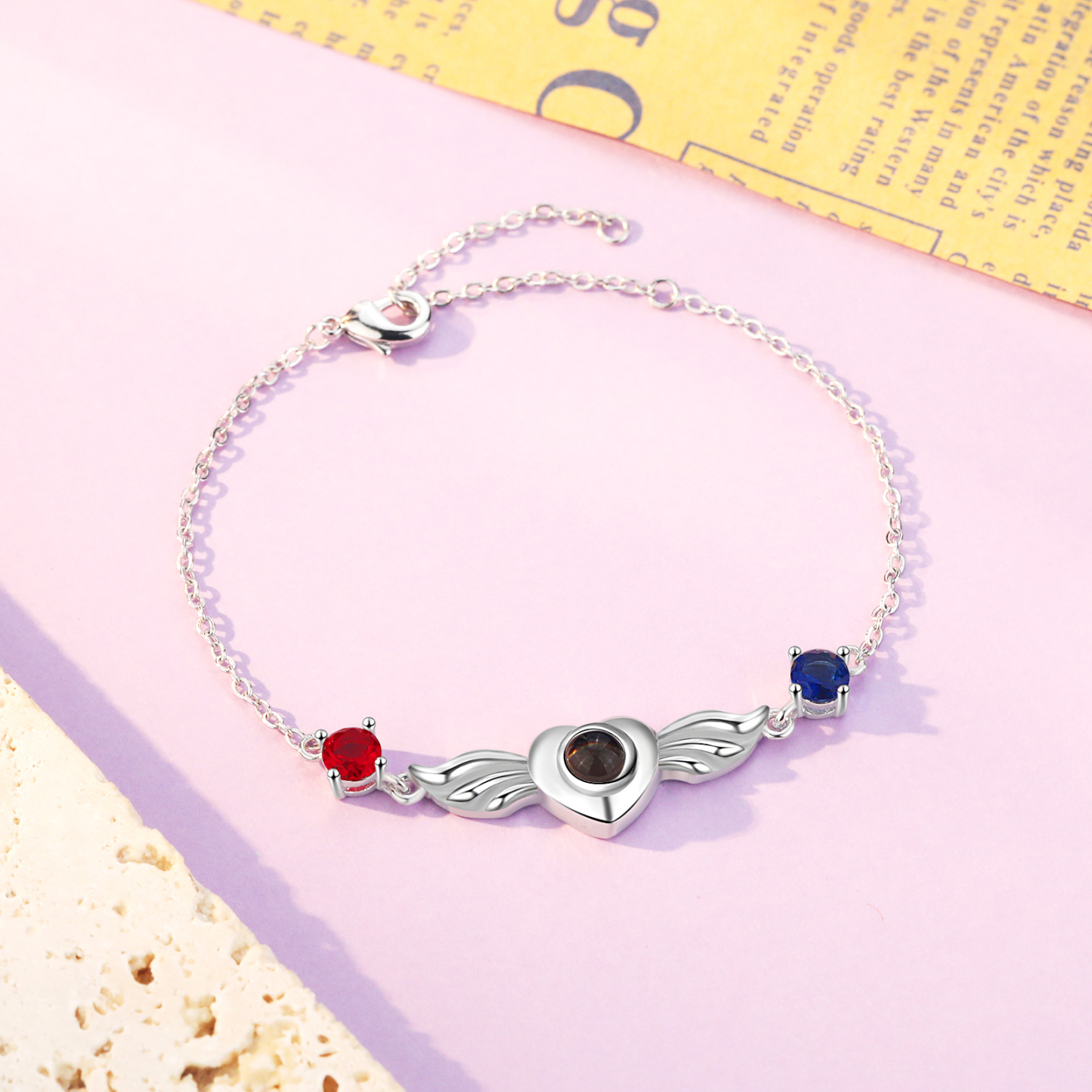 Pulsera con proyección de foto en color y personalizada con 2 piedras para mujer corazón con alas, Brazalete de proyección-Jessemade ES