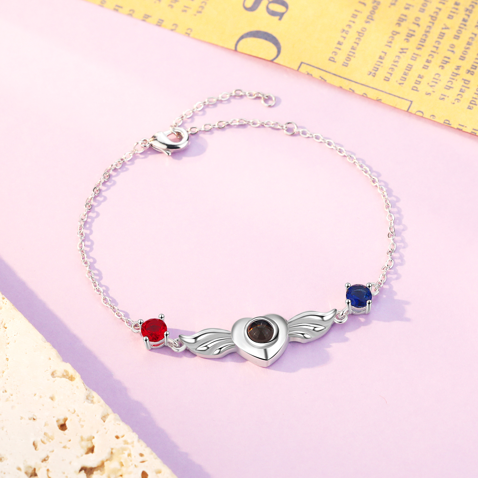 Pulsera con proyección de foto en color y personalizada con 2 piedras para mujer corazón con alas, Brazalete de proyección-Jessemade ES