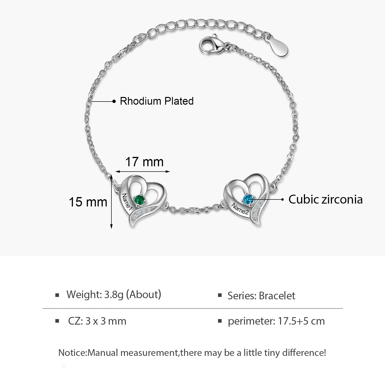 Pulsera de Corazones 2 Nombres Personalizados con 2 Piedras de Nacimiento-Jessemade ES