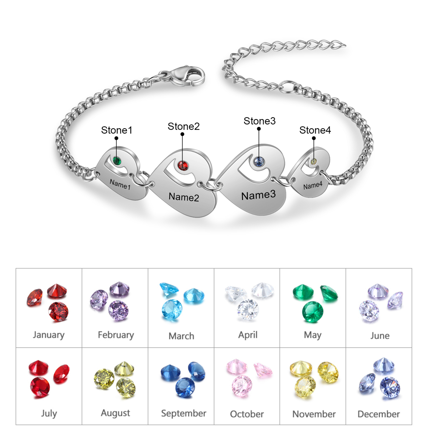 Pulsera de corazón personalizada con 4 nombres y 4 piedras de nacimiento-Jessemade ES