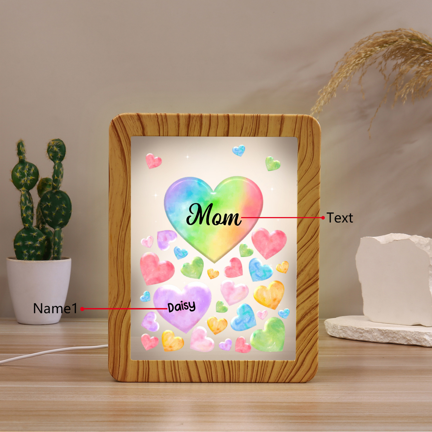 Marco/Espejo con LED Multifuncional Corazones 1-7 Nombres Personalizados con 1 Texto-Jessemade ES