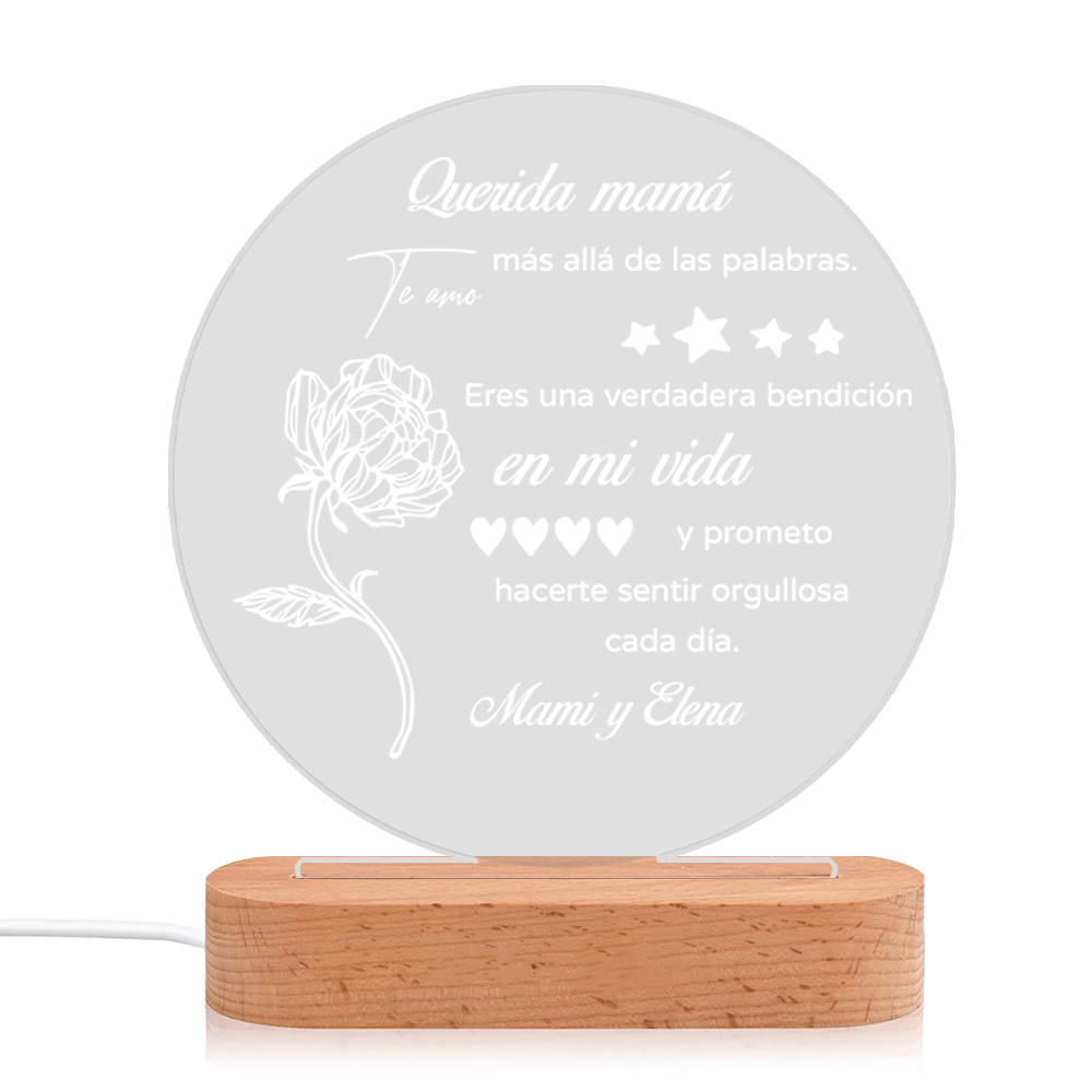 A mi mamá-Lámpara 3D Ilusión Luz de Noche Personalizada con 1 Texto-Jessemade ES