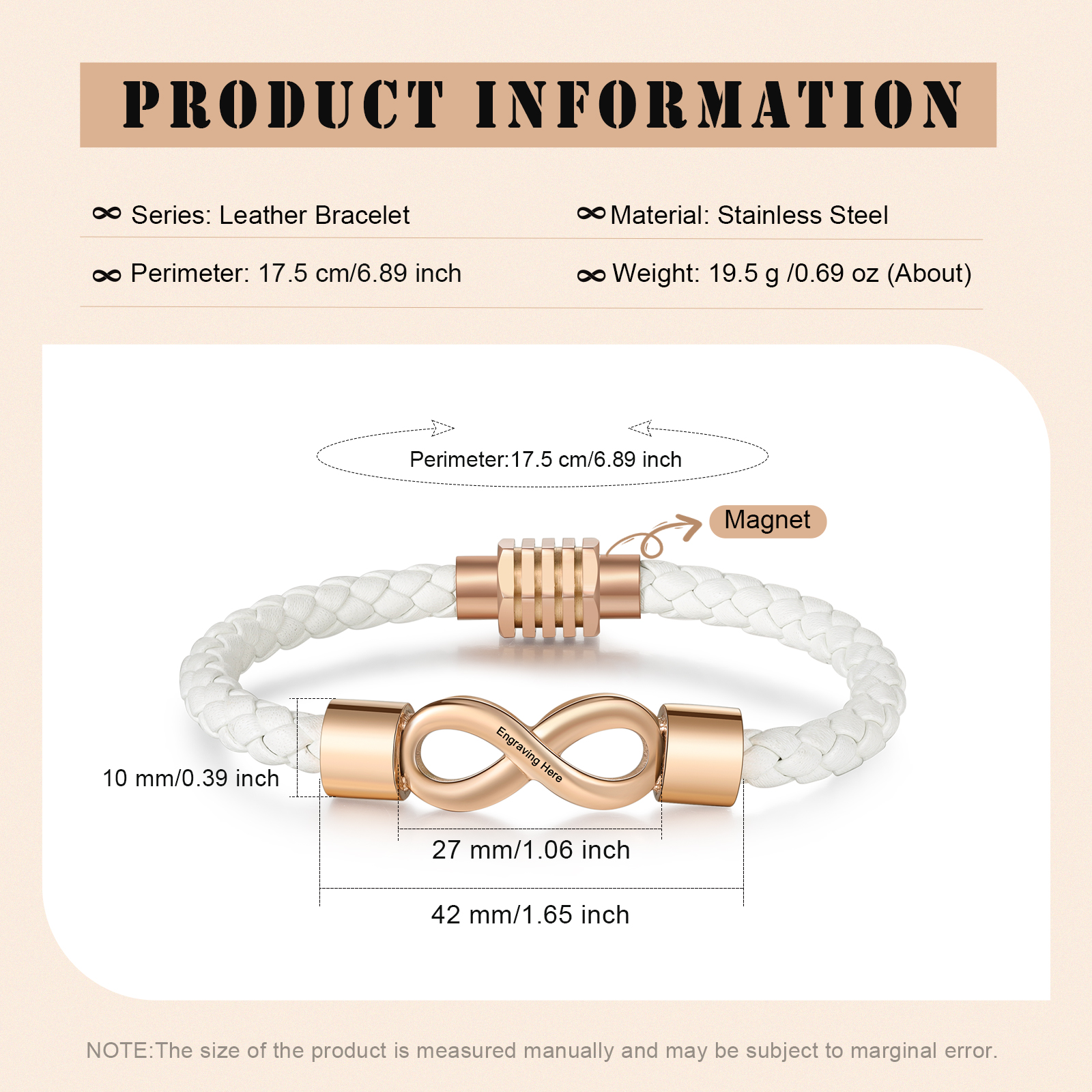 Pulsera de cuero con nudo infinito 1 texto personalizado-Jessemade ES