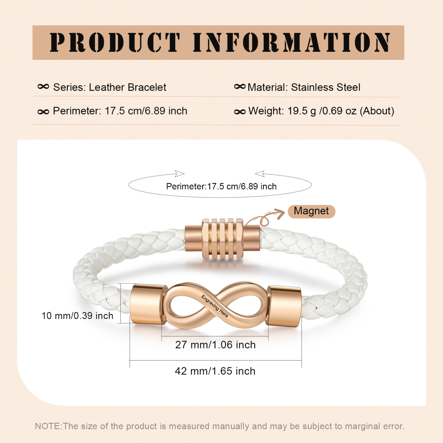 Pulsera de cuero con nudo infinito 1 texto personalizado-Jessemade ES