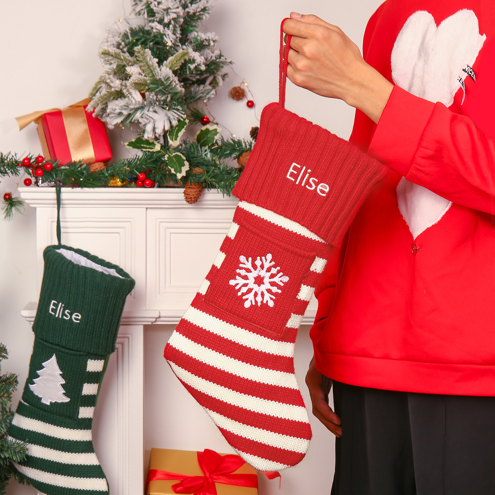 Adornos de medias navideñas con árbol o nieve Bolsa de regalo 1 Nombre personalizado-Jessemade ES