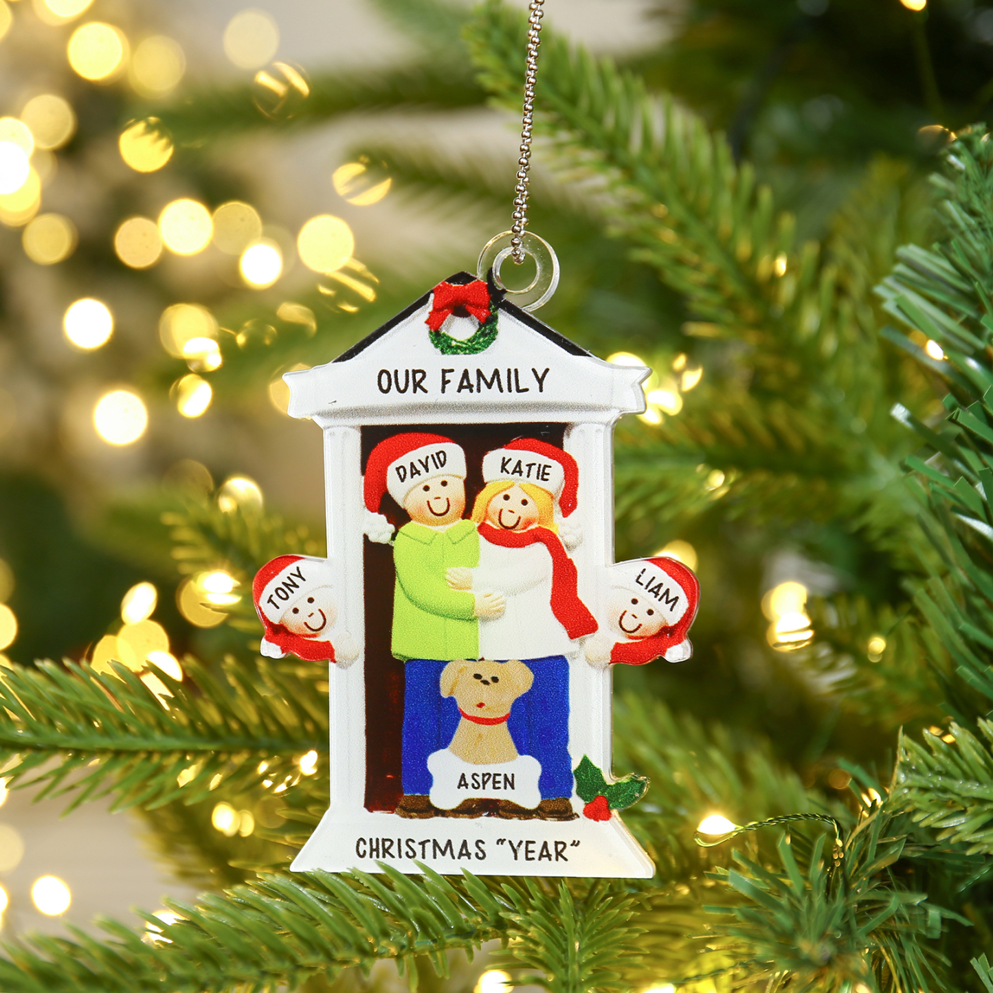 Navidad-Ornamentos Navideños de Acrílico Familia en Puerta con Perro 5 Nombres Personalizados con 2 Textos-Jessemade ES