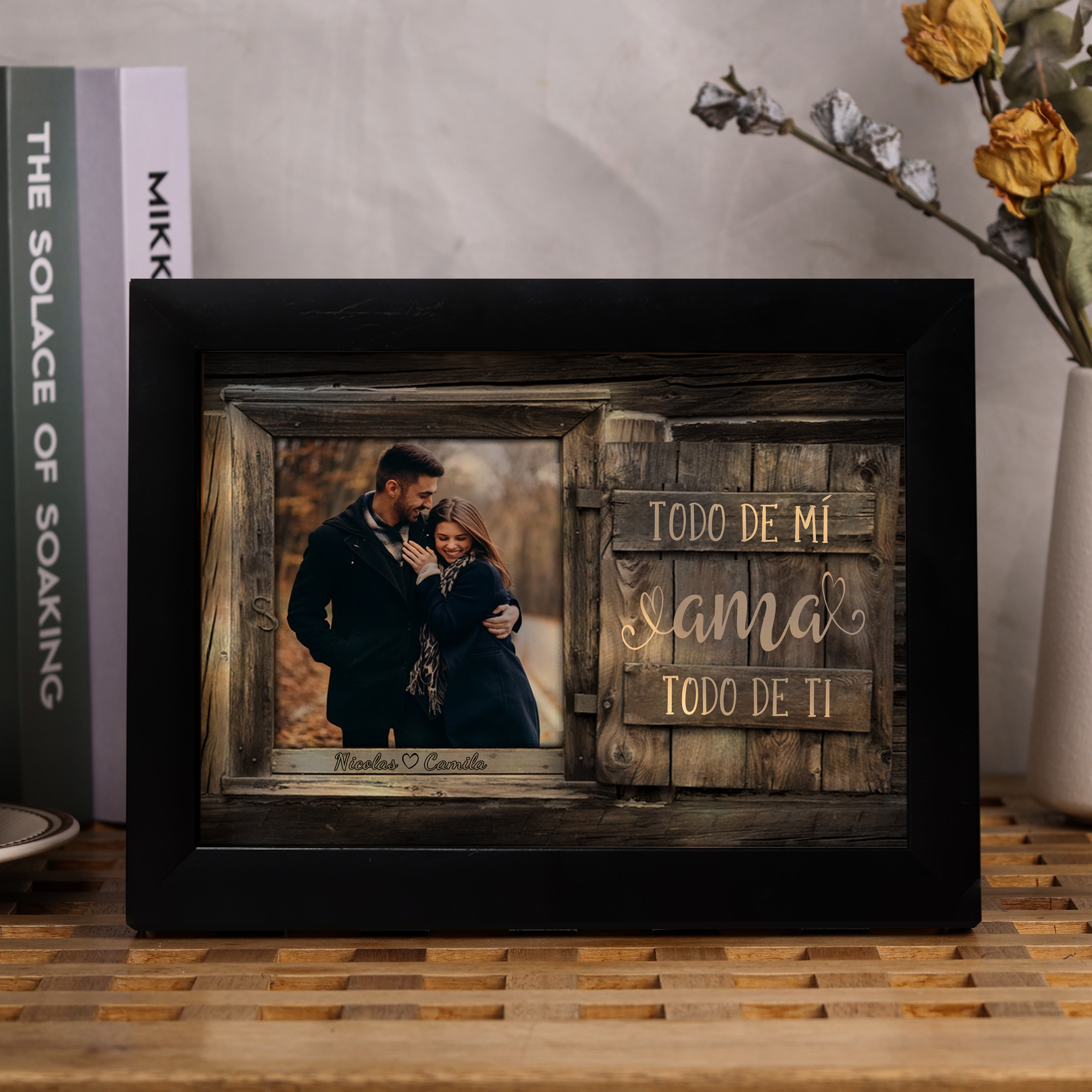 Marco de 1 foto de plástico para pareja 2 nombres personalizados con lámpara-Jessemade ES