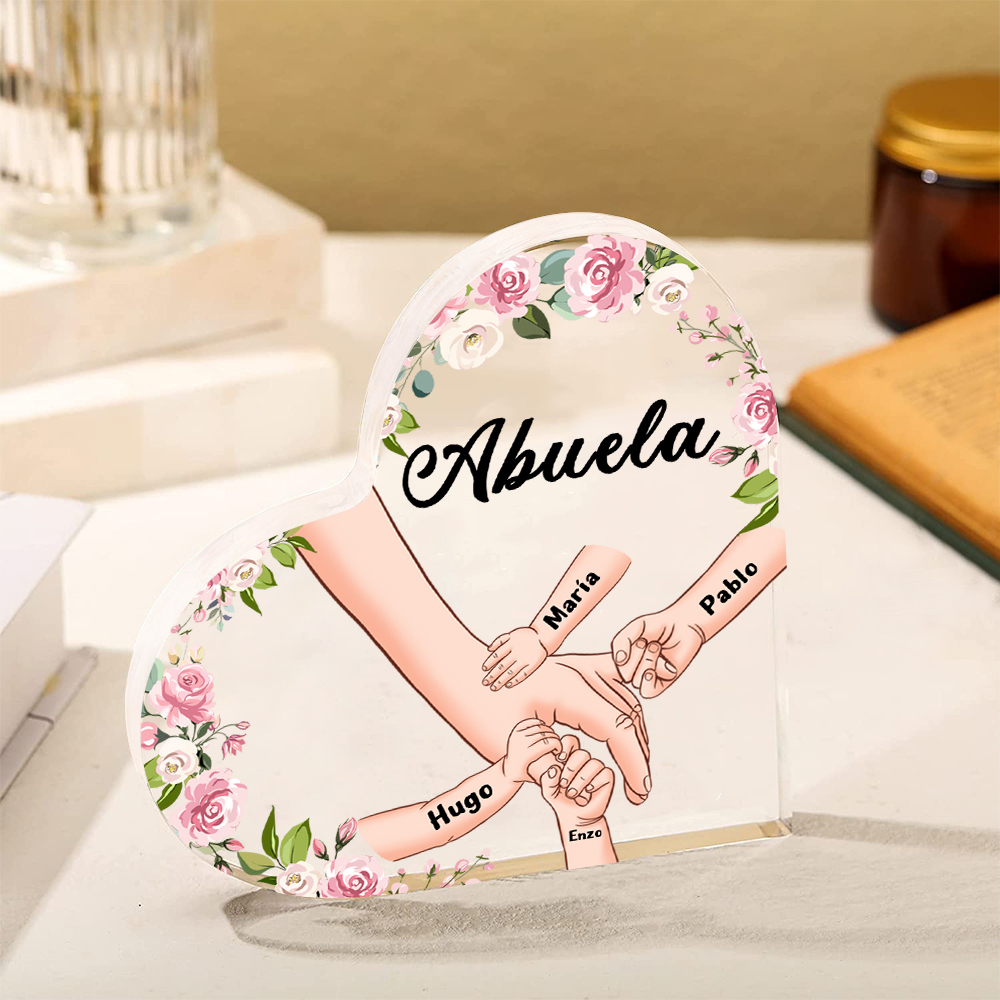 A mi mamá/abuela-Placa de acrílico en forma de corazón mano a mano con 1 texto y 4 nombres personalizados | Jessemade